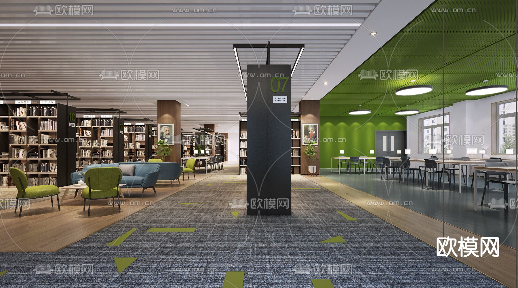现代图书馆 阅览室3d模型下载（渲染图1）