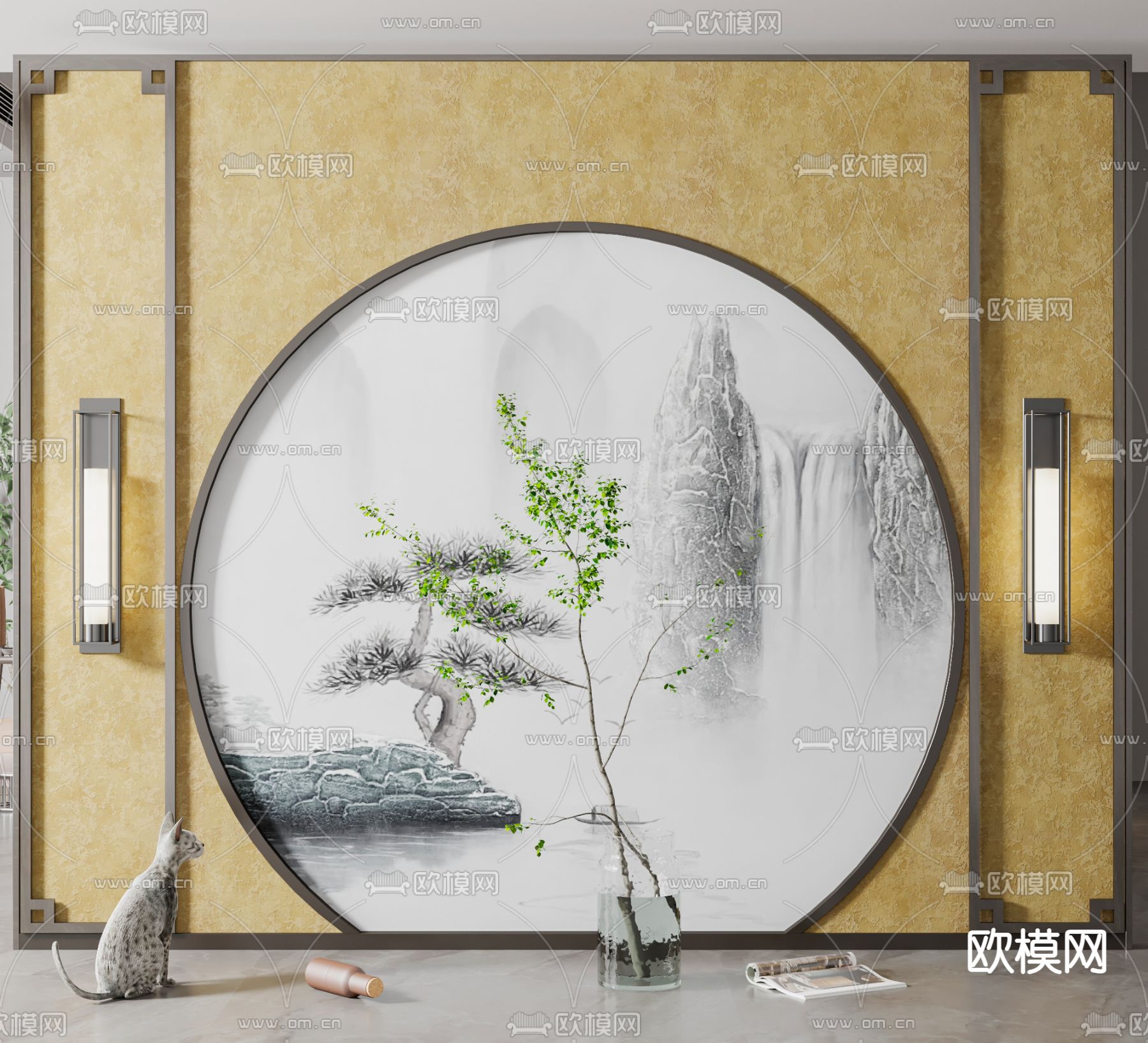 新中式背景墙隔断su模型下载（渲染图1）