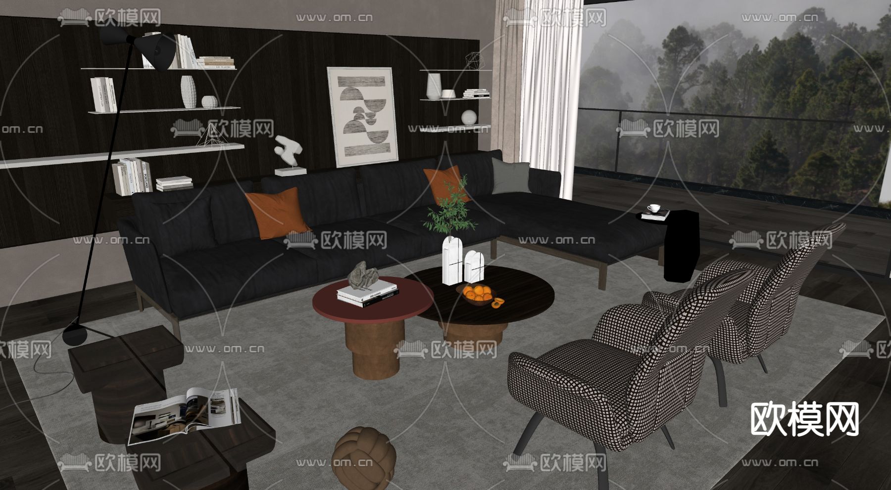 暗黑风沙发茶几组合su模型下载（渲染图2）