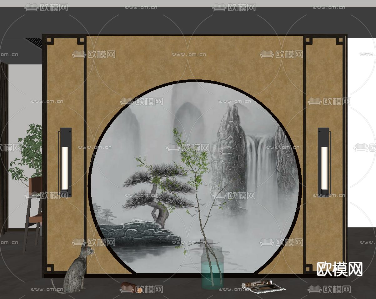新中式背景墙隔断su模型下载（渲染图2）