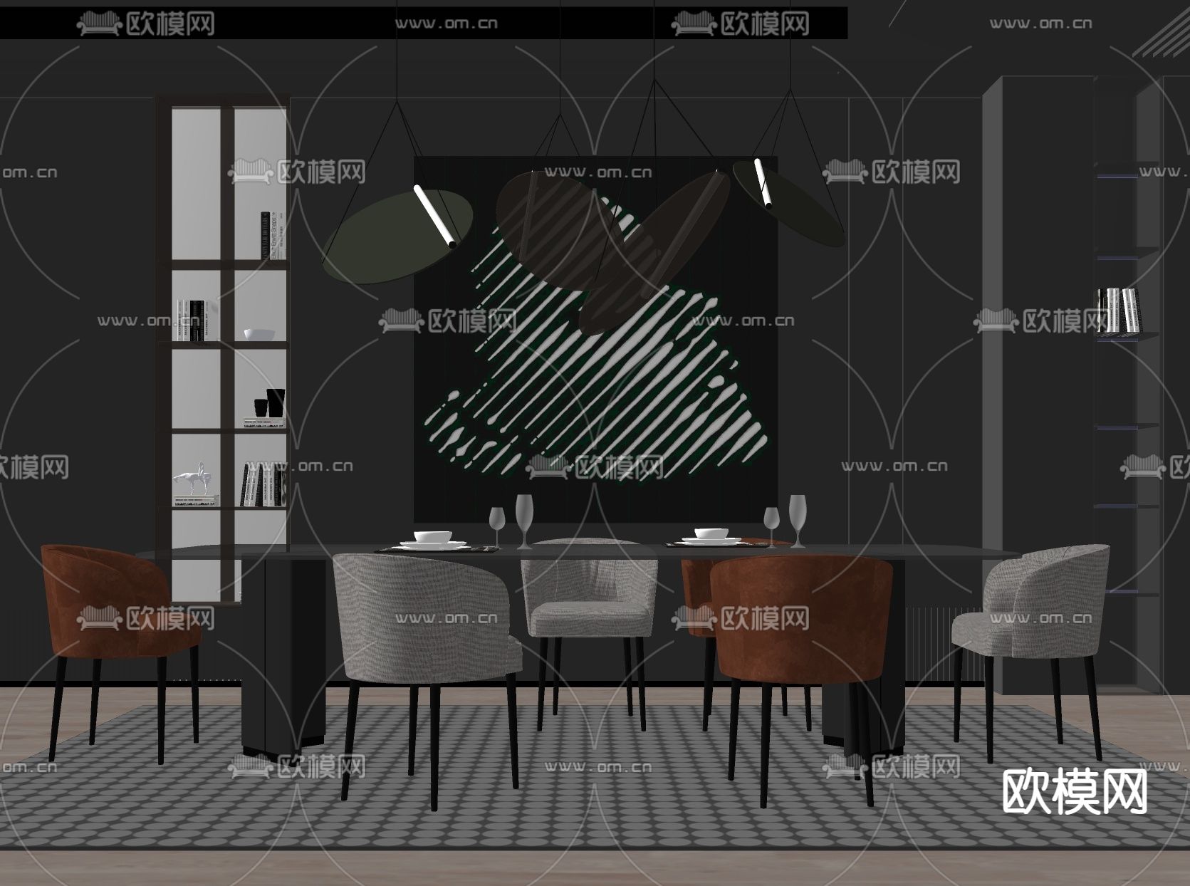 现代餐厅 Minotti餐桌椅 su模型下载（渲染图2）