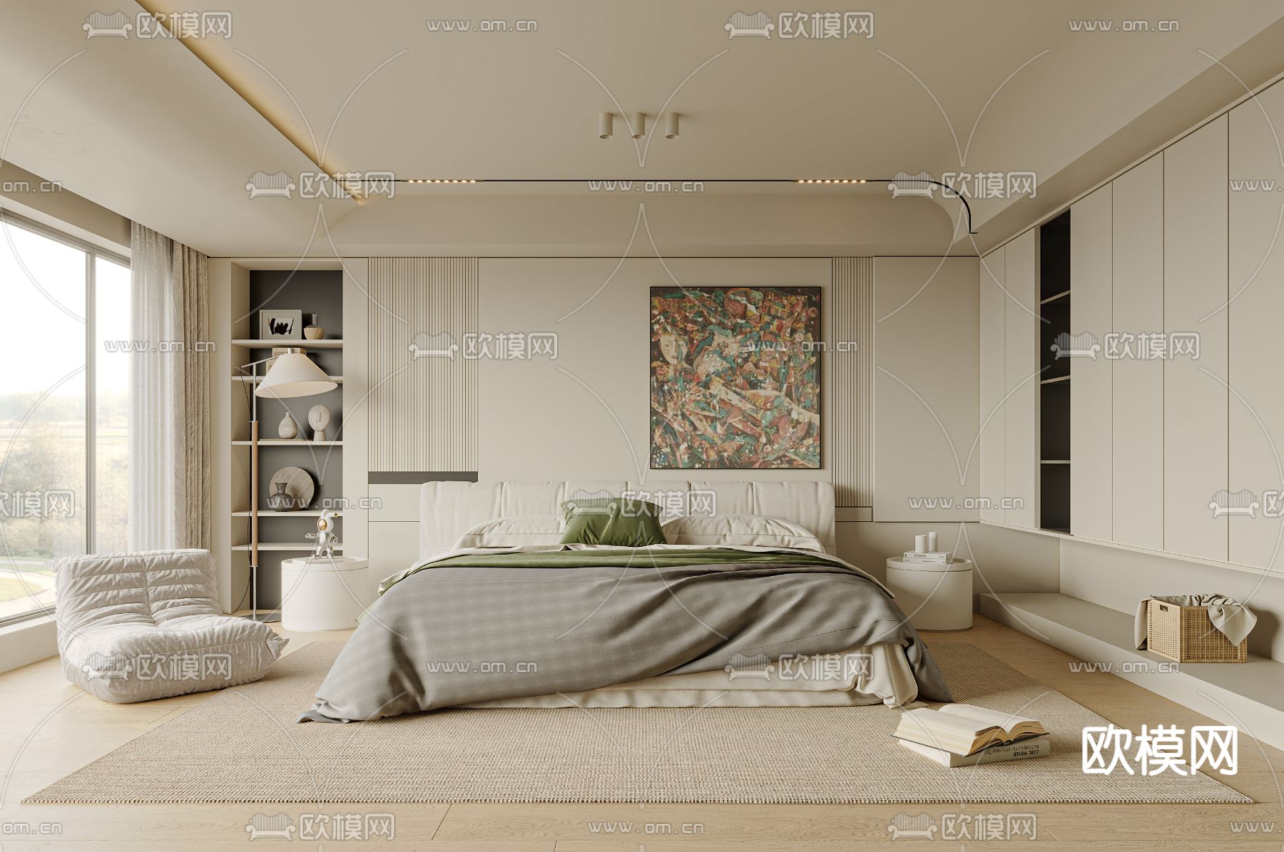 奶油风卧室 主人房 主卧3d模型下载_ID12260304_3dmax免费模型-欧模网