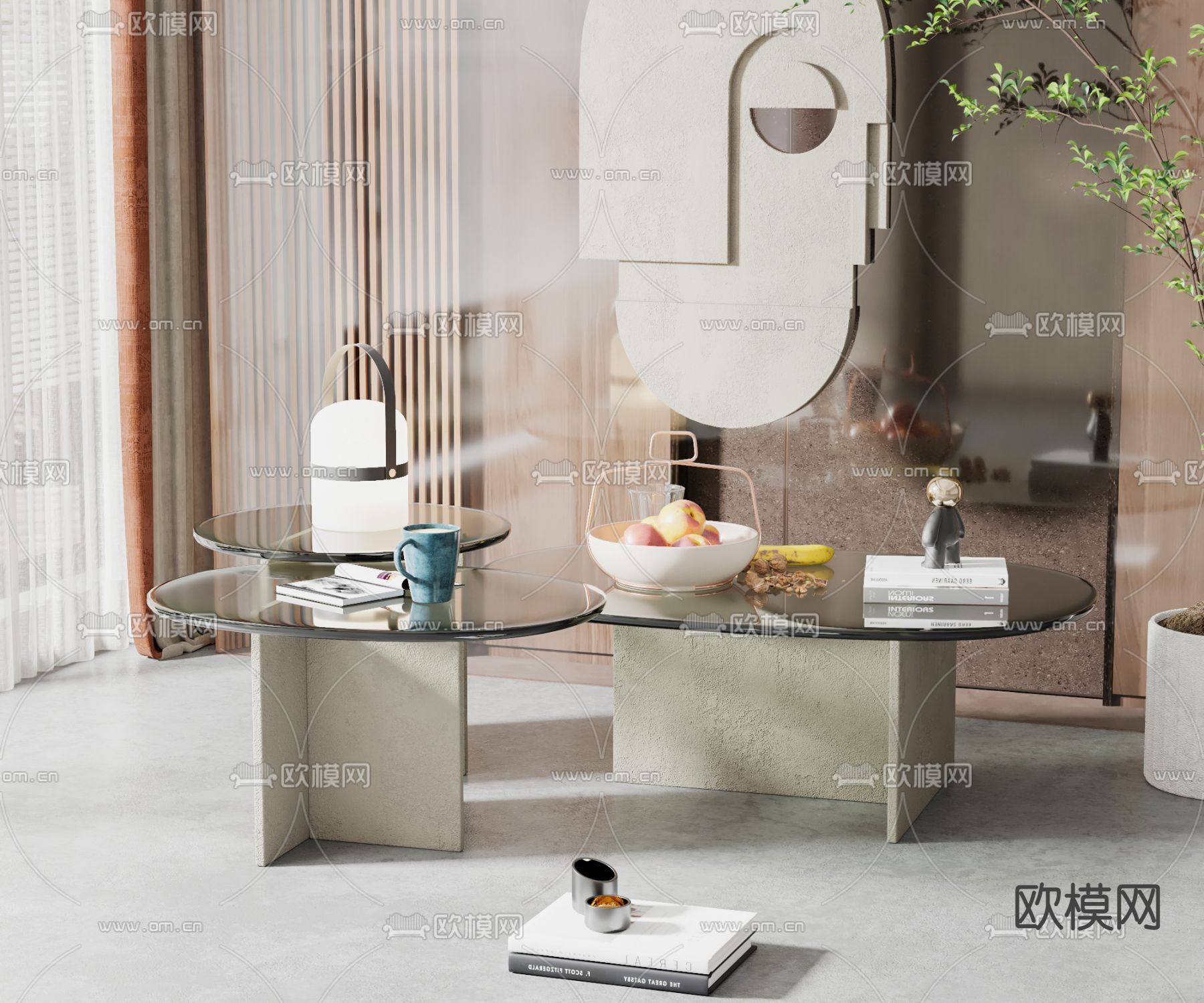 侘寂风子母茶几su模型下载（渲染图1）