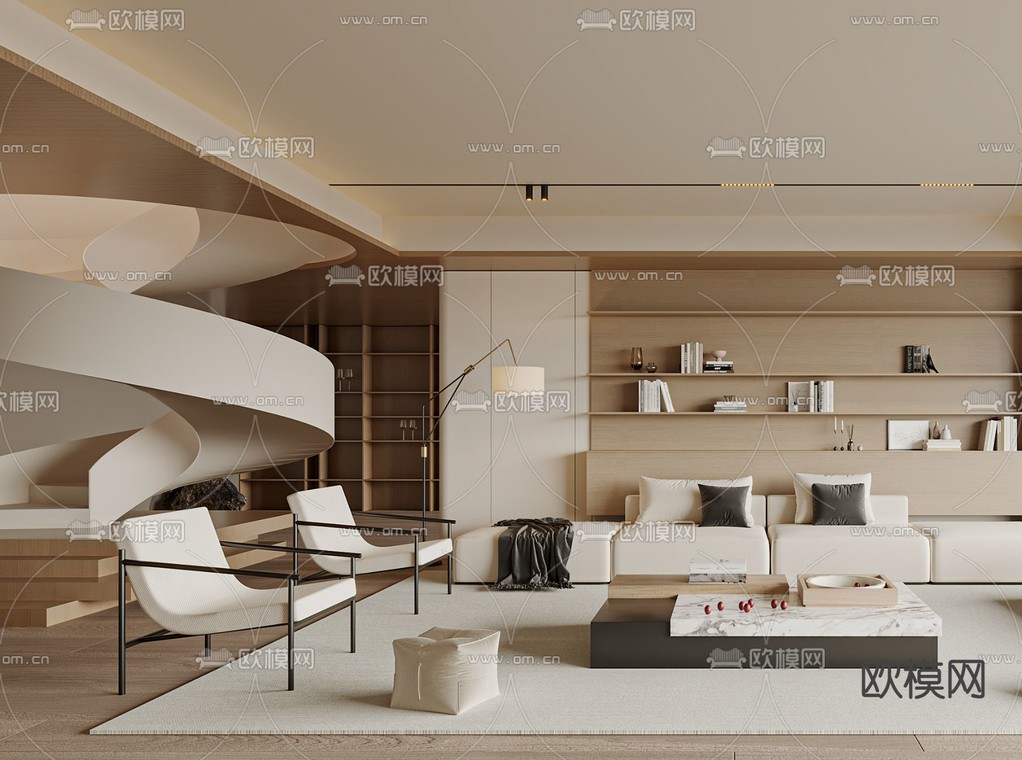 奶油风复式客厅3d模型下载_ID12262087_3dmax免费模型-欧模网