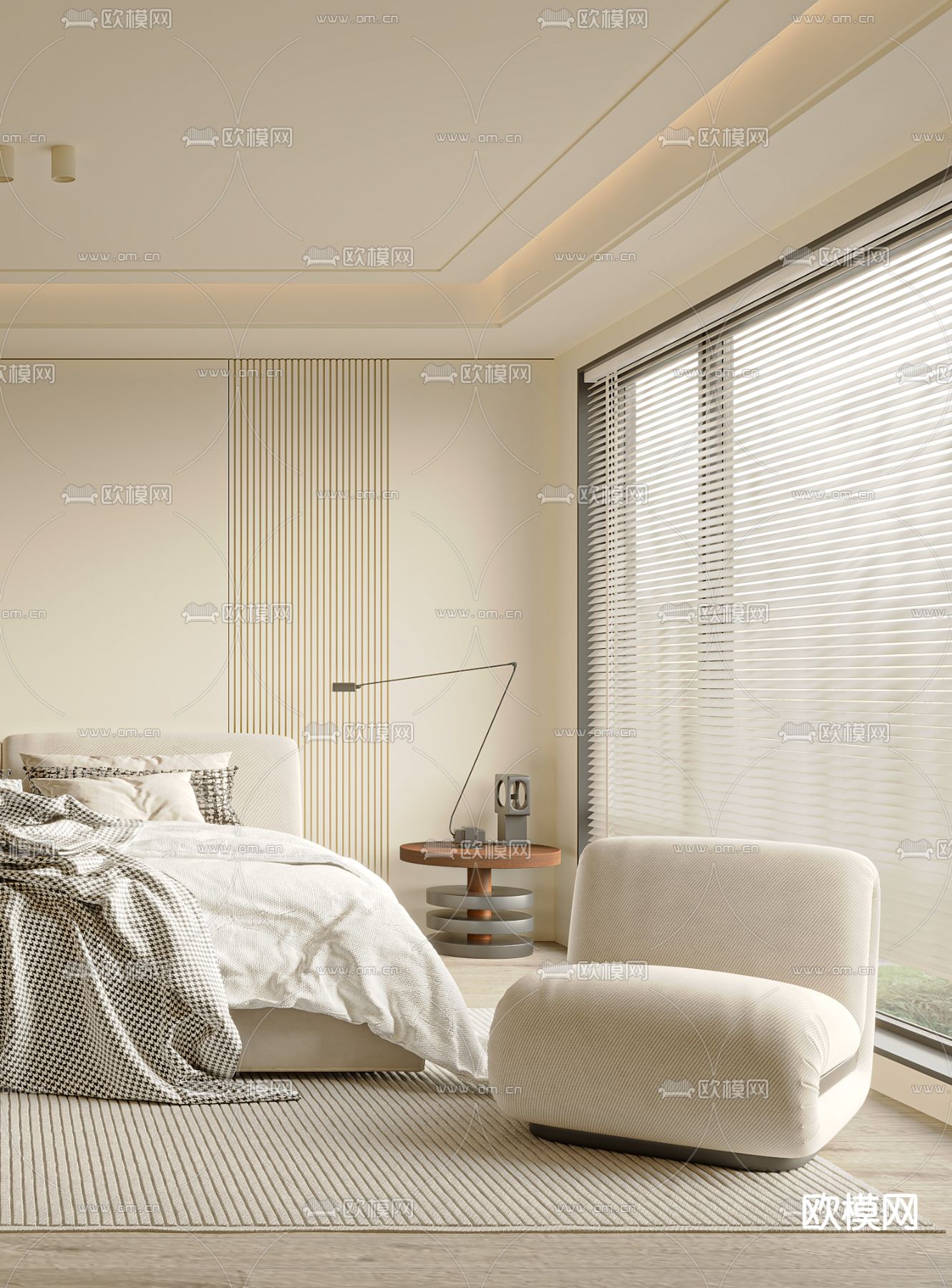 奶油风卧室 主卧 主人房3d模型下载（渲染图1）