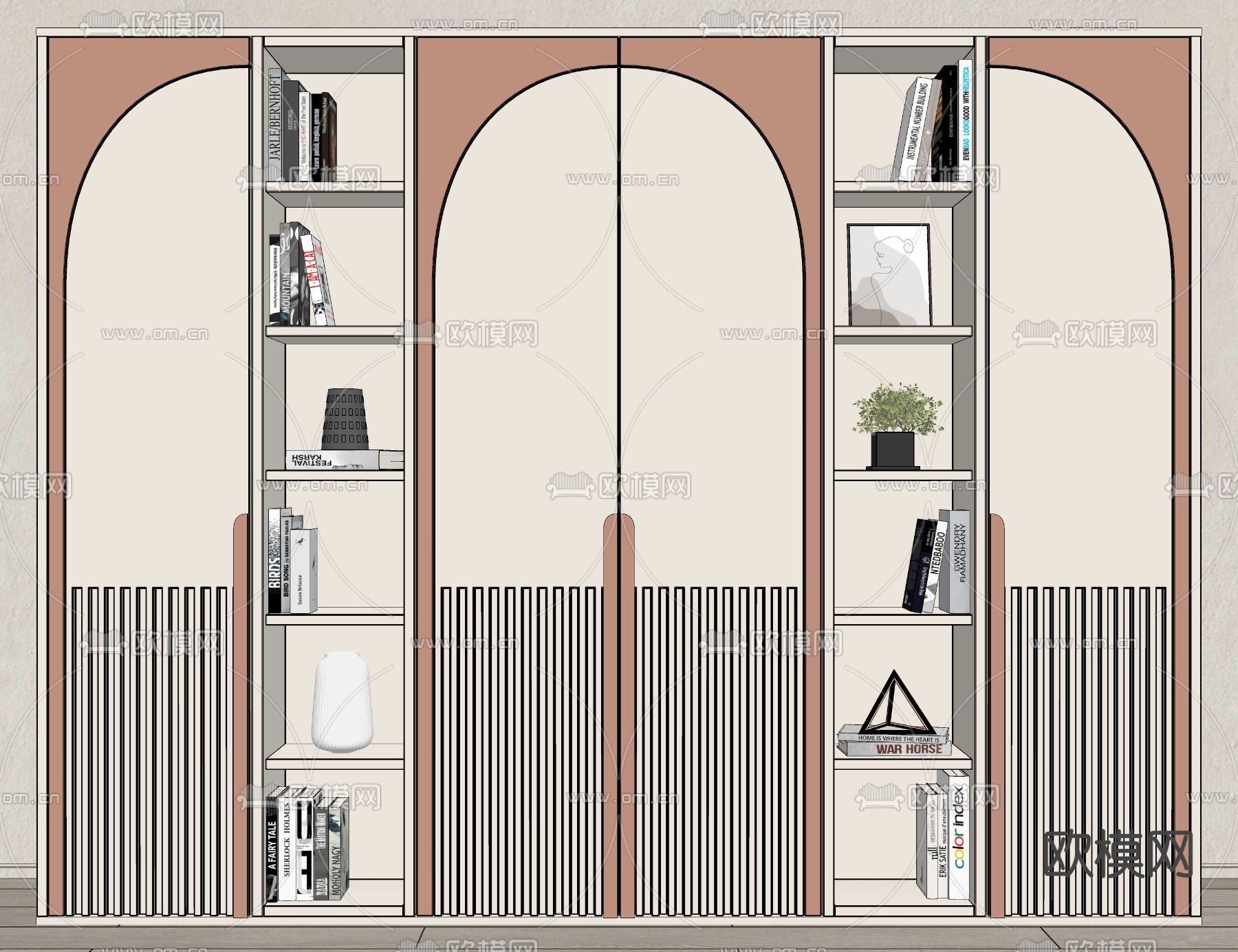 奶油风书柜 展示柜su模型下载（渲染图2）