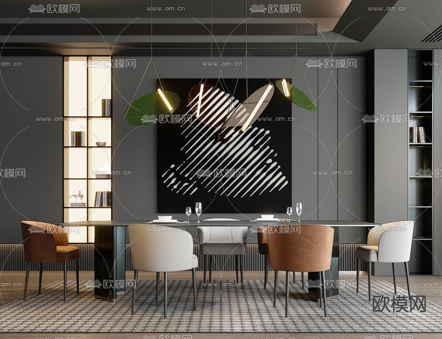 现代餐厅 Minotti餐桌椅 su模型下载（渲染图1）