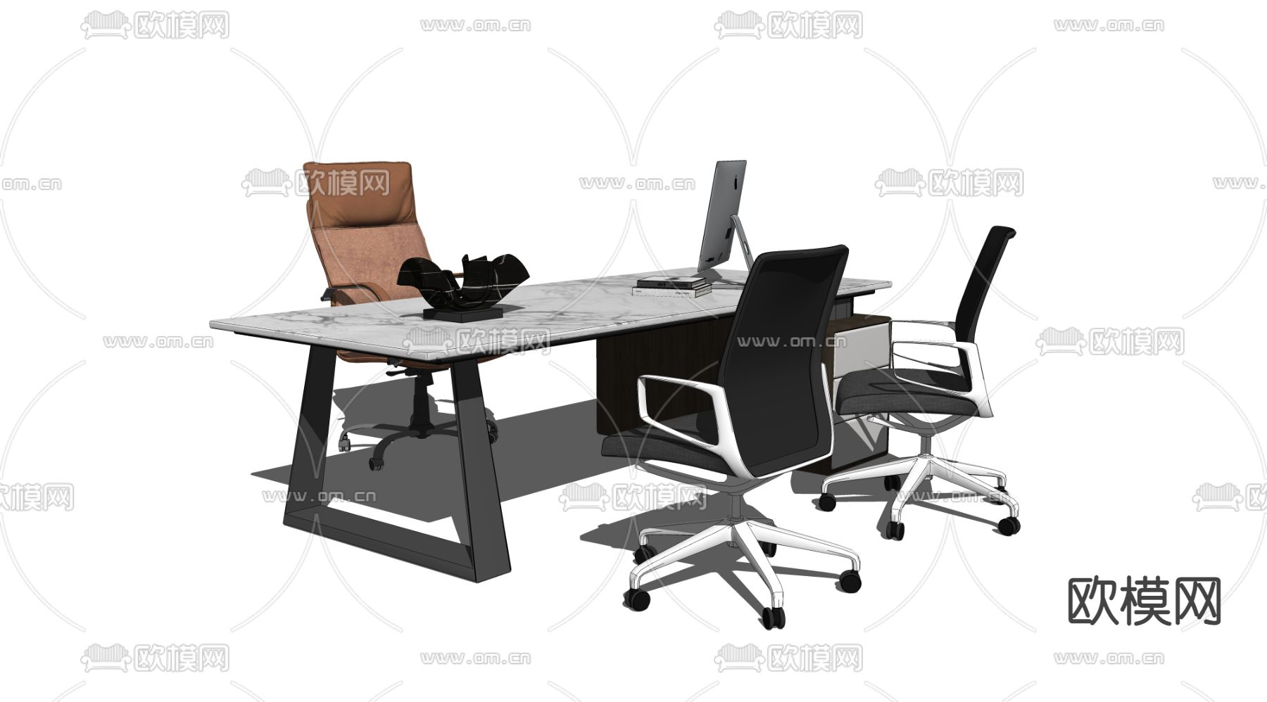 现代班台办公桌椅su模型下载（渲染图1）