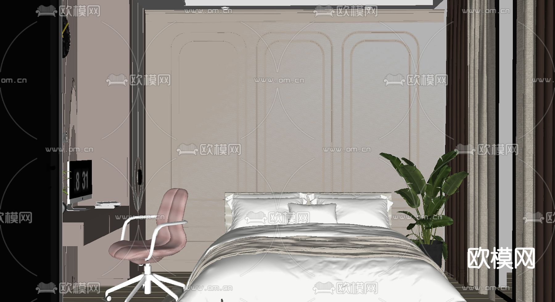 简欧卧室 女孩房su模型下载（渲染图3）