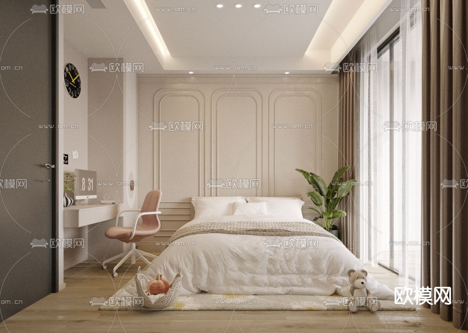 简欧卧室 女孩房su模型下载（渲染图1）