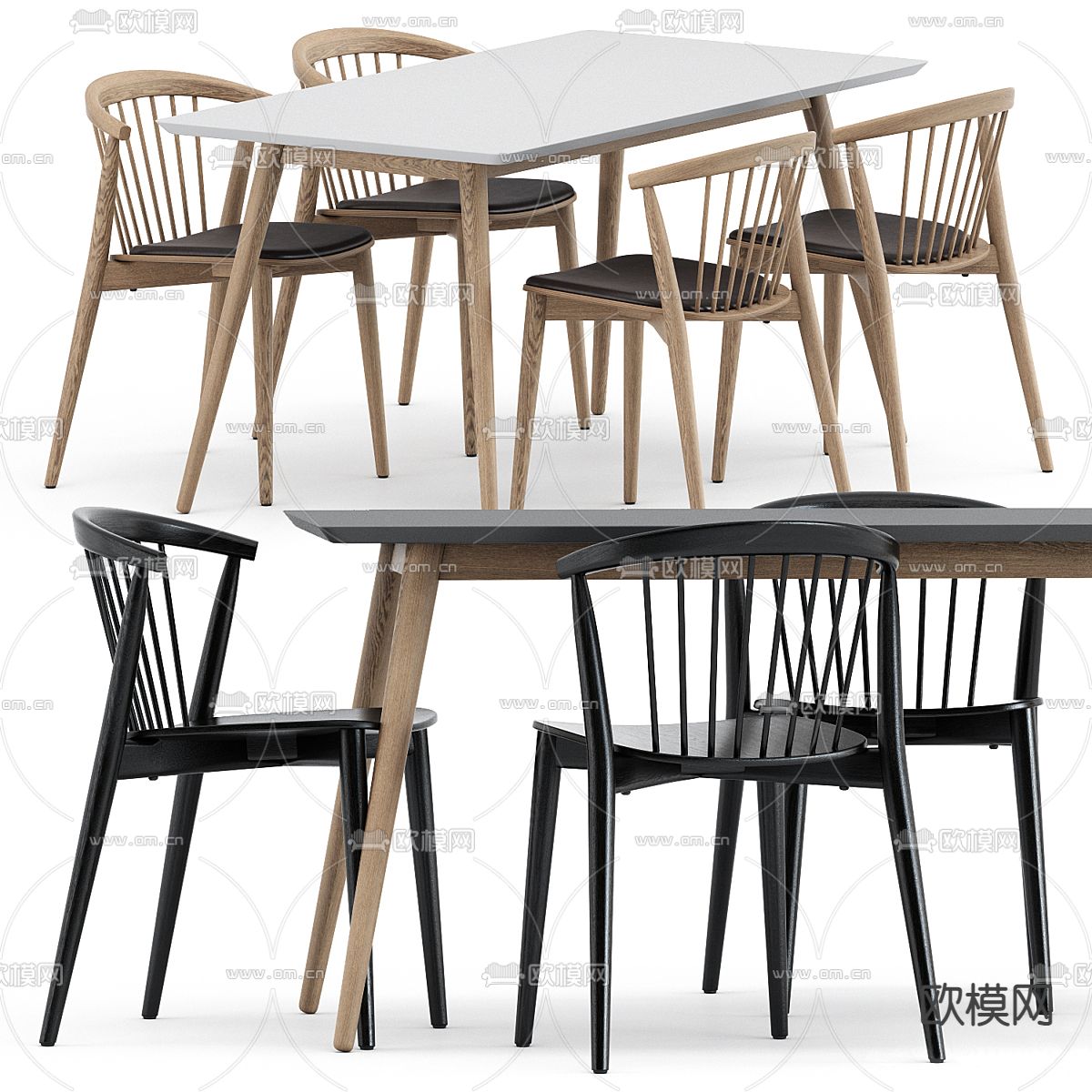北欧条形餐桌椅3d模型下载（渲染图1）