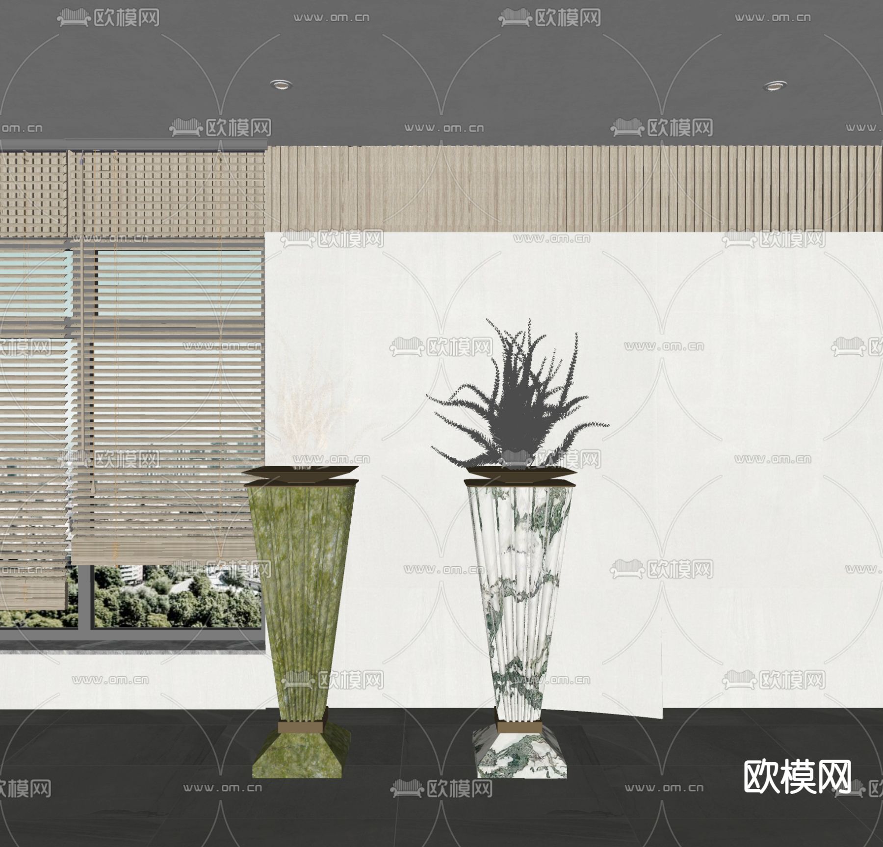 轻奢大理石立柱花钵su模型