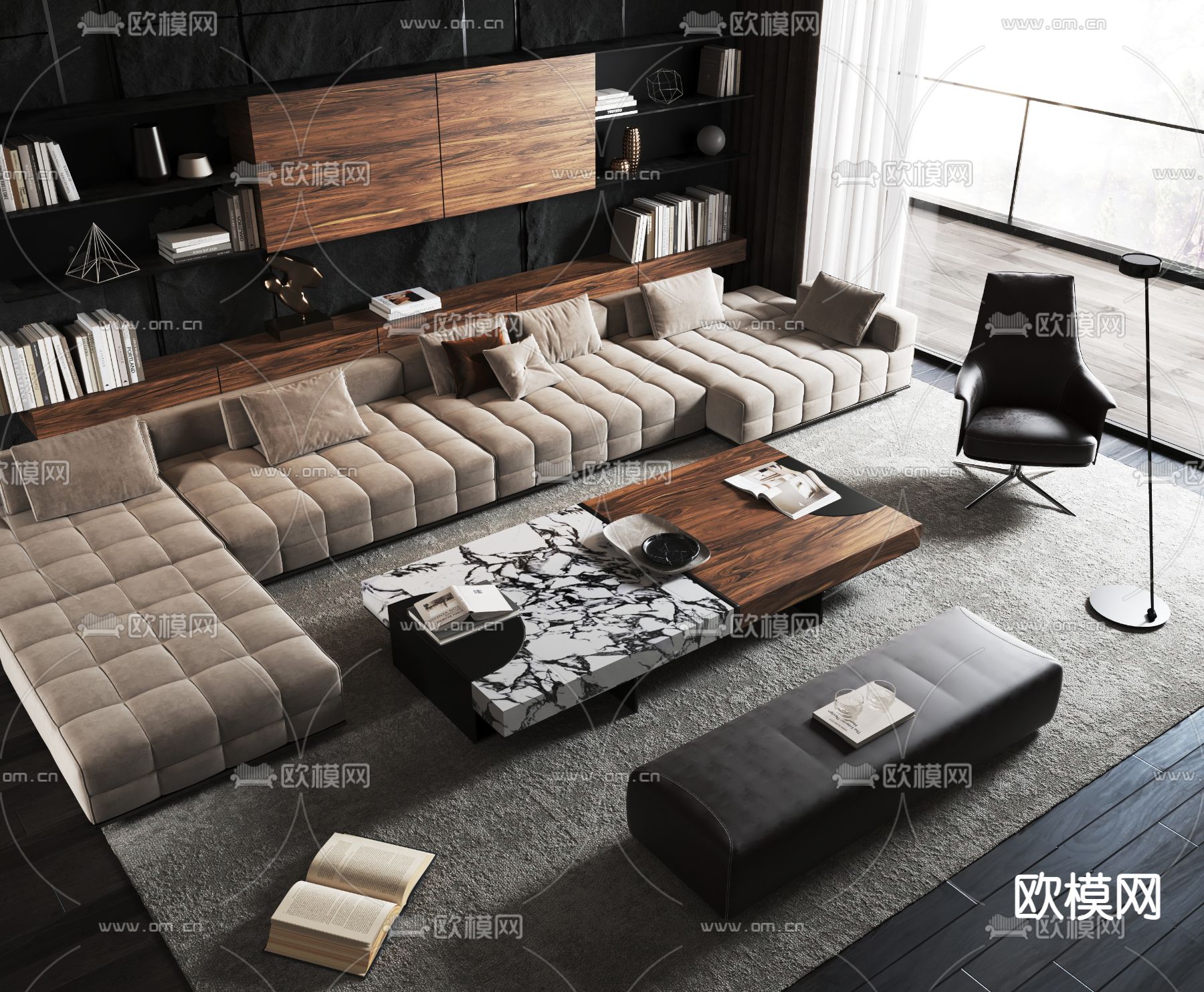 暗黑风组合沙发3d模型下载（渲染图1）
