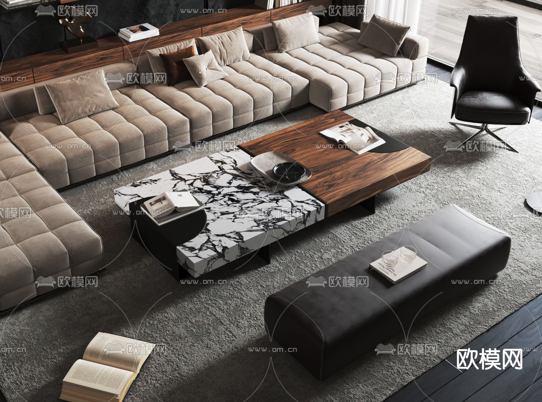 暗黑风组合沙发3d模型下载（渲染图2）