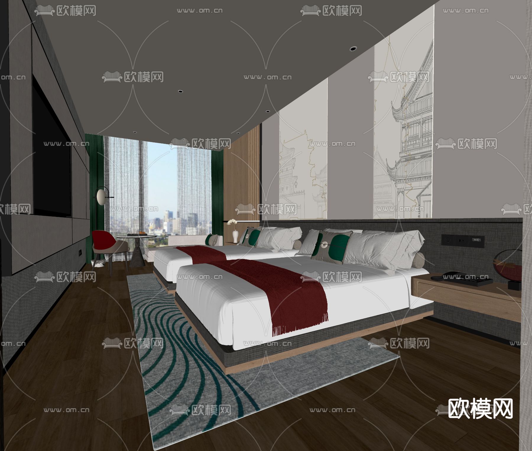 新中式酒店客房 双床房su模型下载（渲染图3）