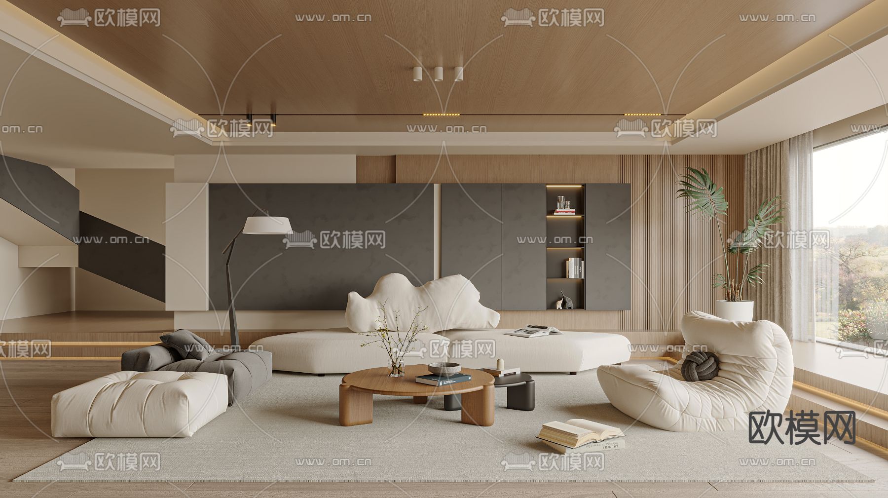 奶油风客厅3d模型下载_ID12262098_3dmax免费模型-欧模网