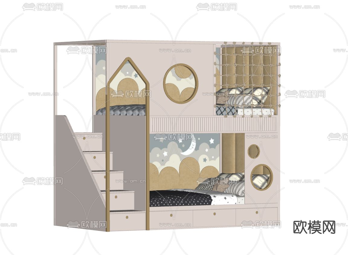 上下铺床 儿童床 高低床su模型下载（渲染图2）