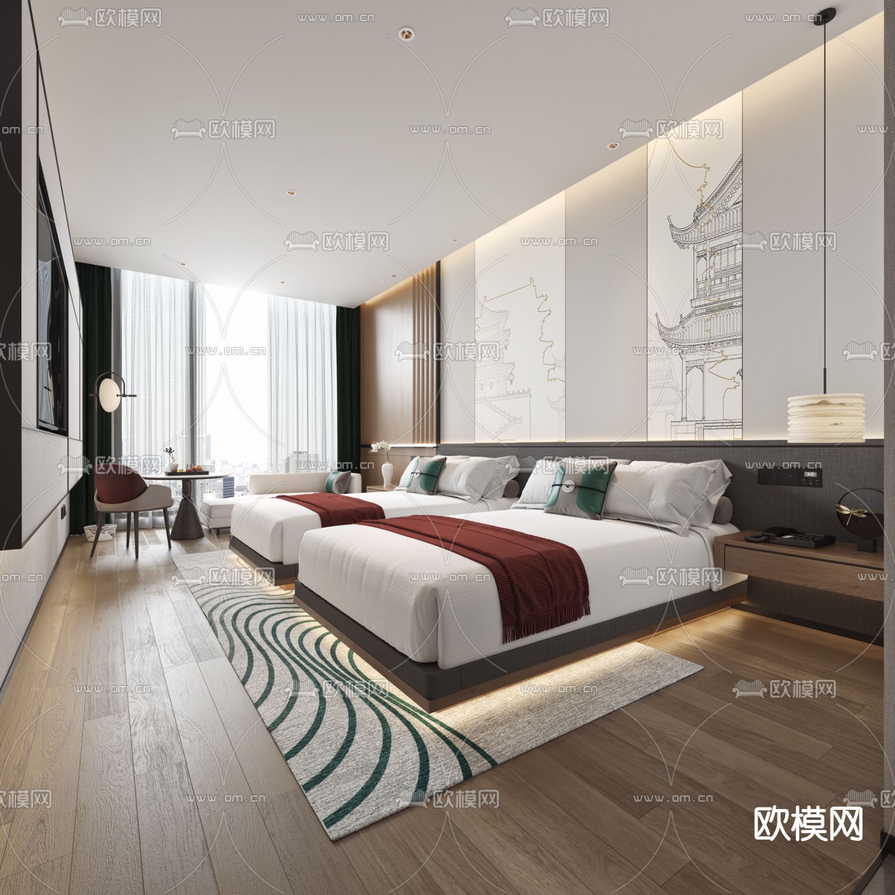 新中式酒店客房 双床房su模型下载（渲染图1）
