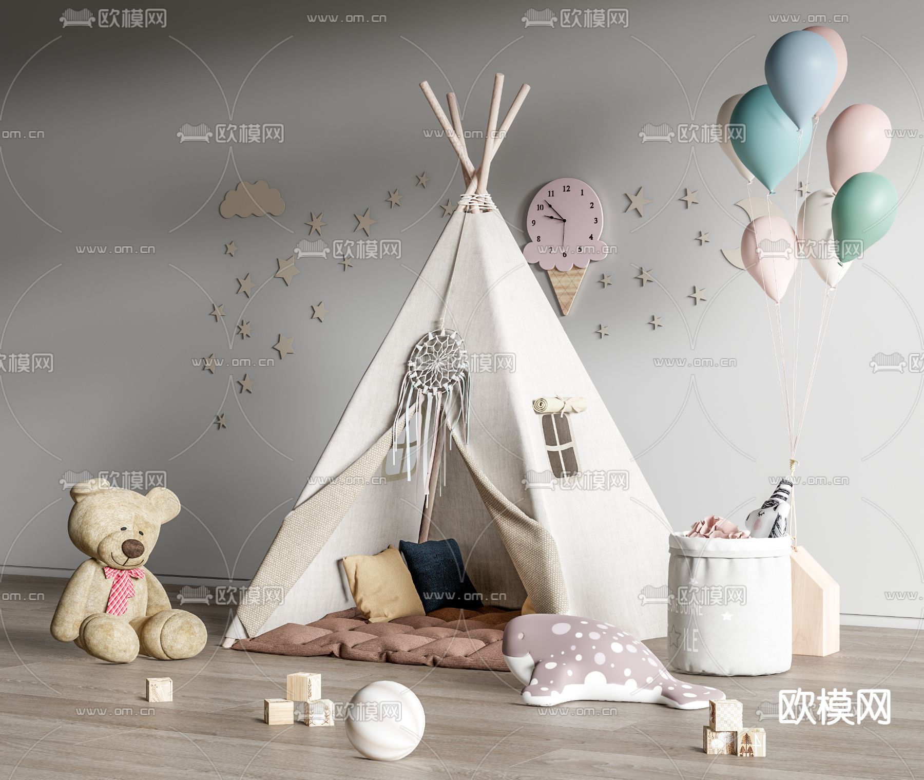 儿童帐篷 小熊玩具su模型下载（渲染图1）