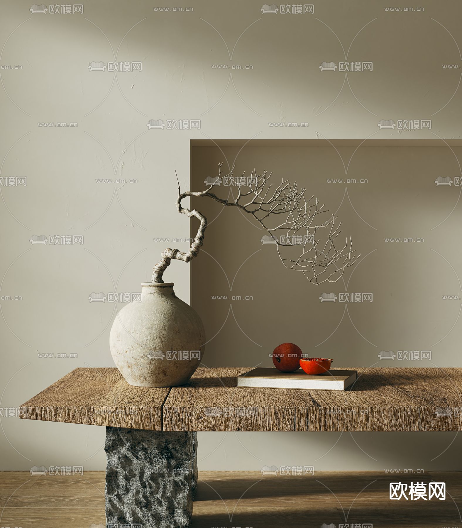 侘寂风干枝陶罐 花瓶花艺3d模型