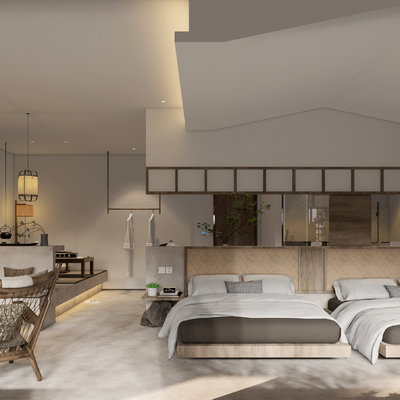  侘寂风民宿客房 双床房su模型 