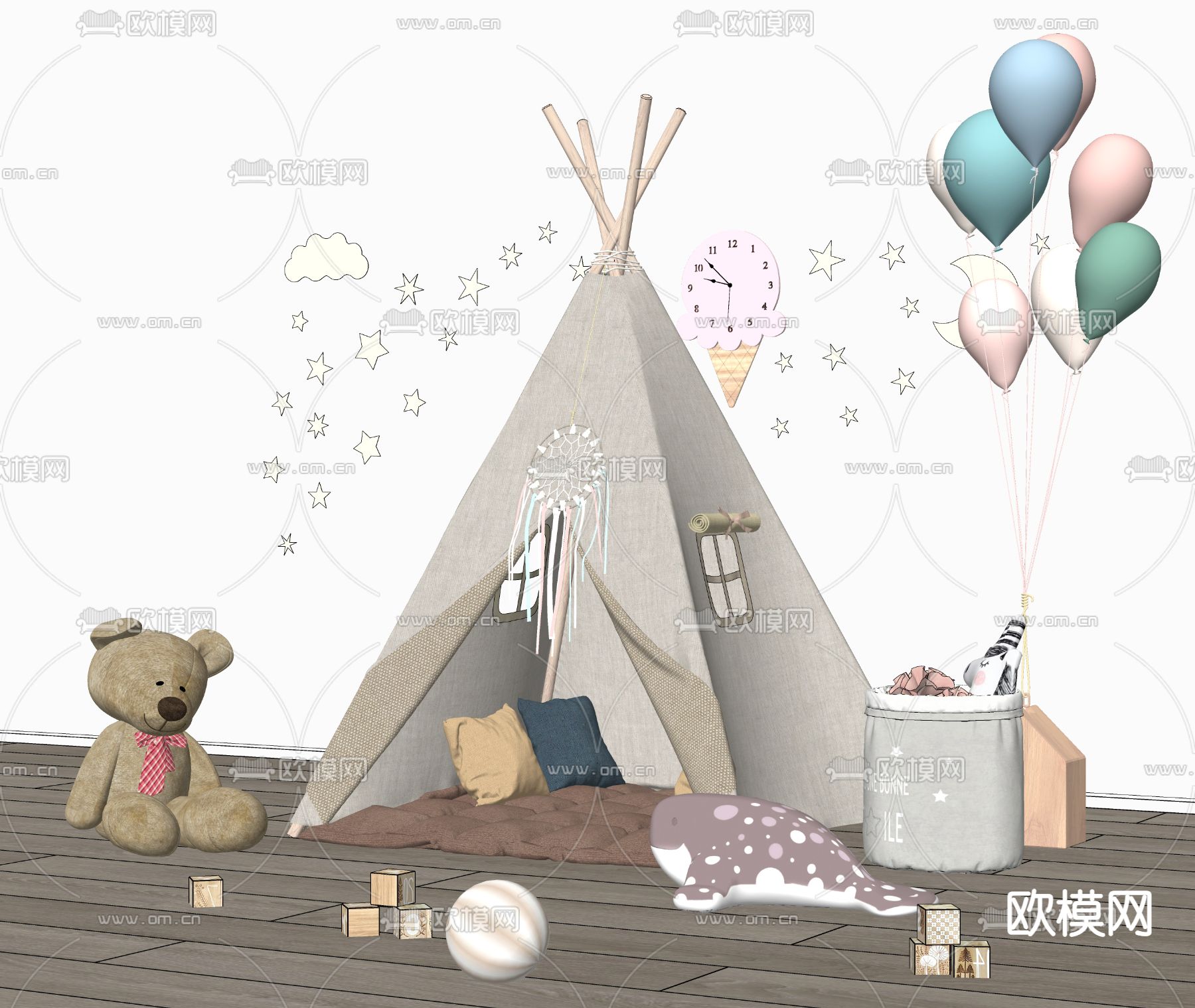 儿童帐篷 小熊玩具su模型下载（渲染图2）