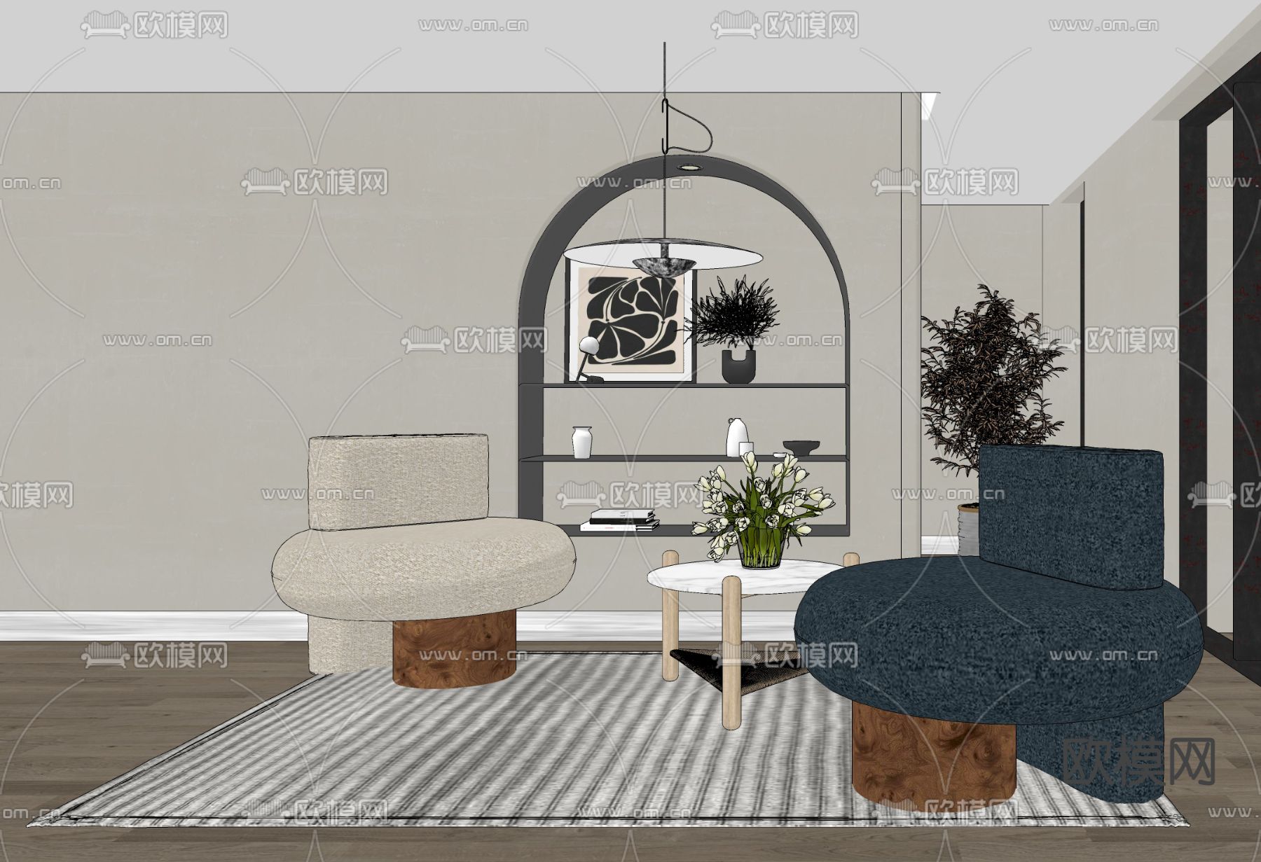 奶油风休闲沙发 羊羔沙发su模型下载（渲染图2）