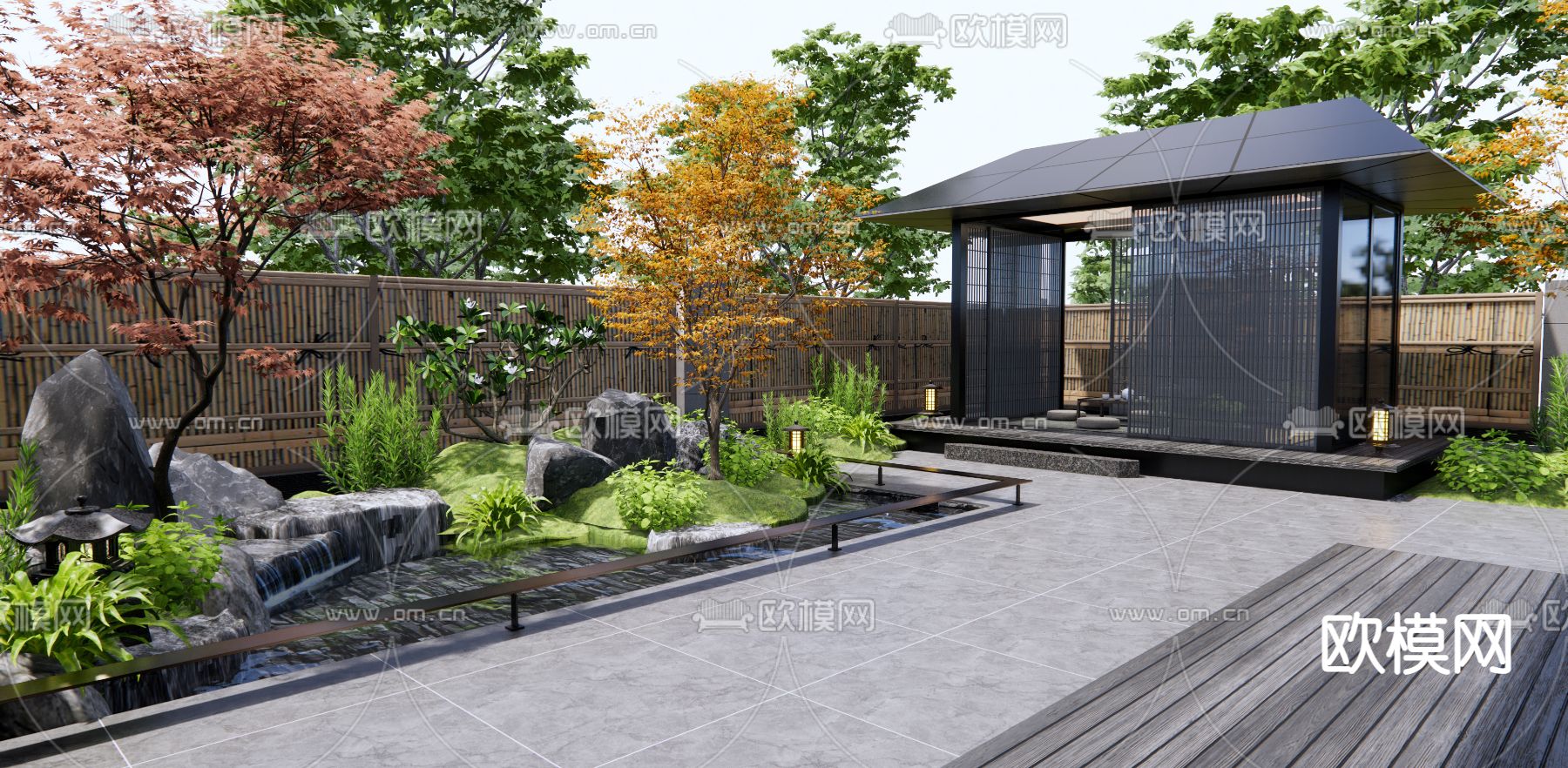 日式别墅庭院花园3d模型下载（渲染图1）