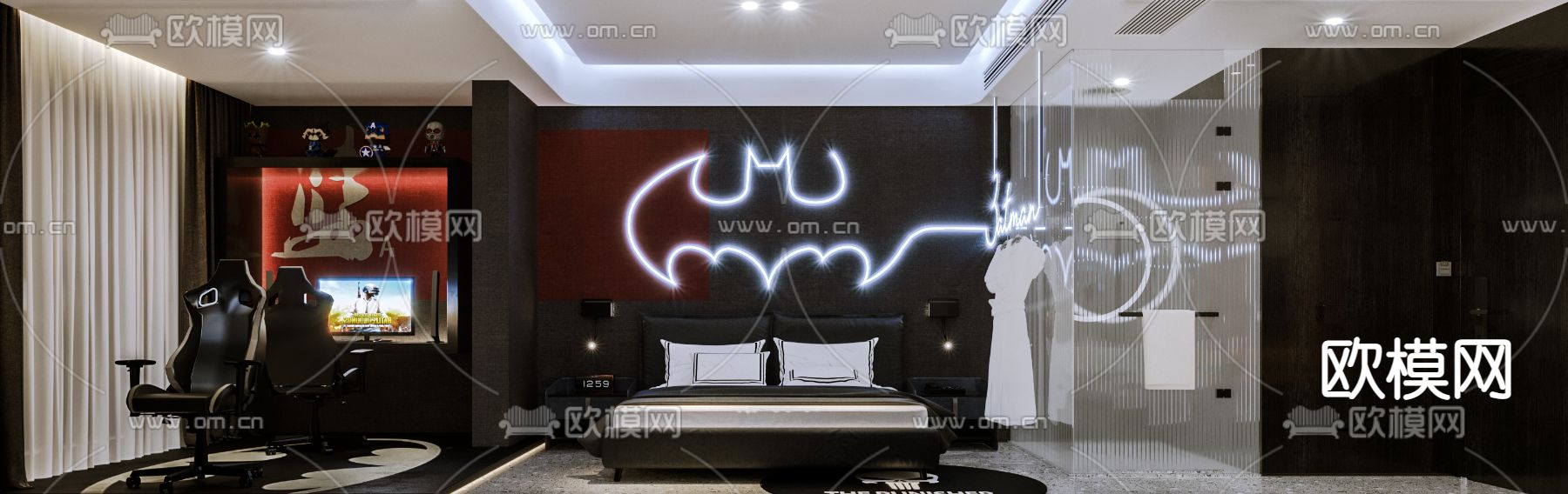 暗黑风酒店客房 电竞房3d模型下载（渲染图2）