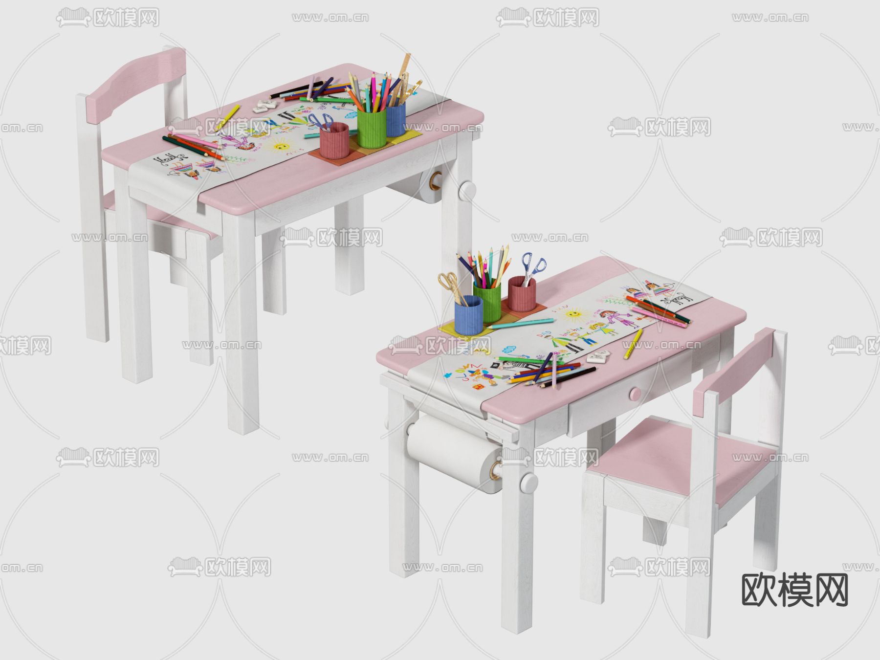 现代儿童桌椅su模型下载（渲染图1）