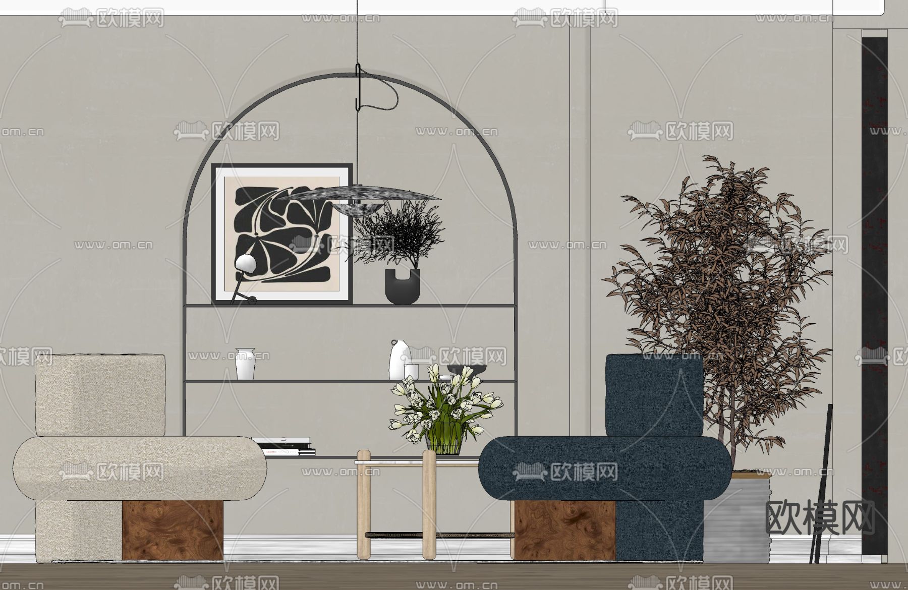 奶油风休闲沙发 羊羔沙发su模型下载（渲染图3）