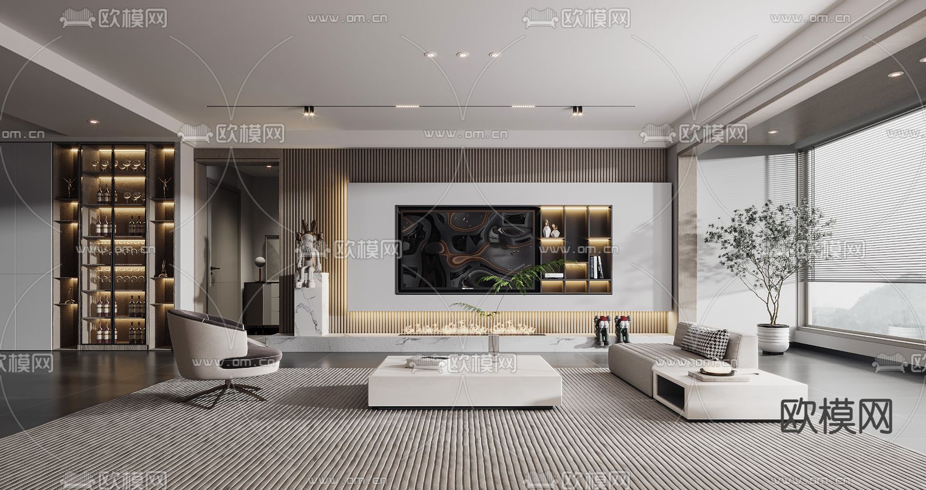 高级灰客厅3d模型下载（渲染图2）