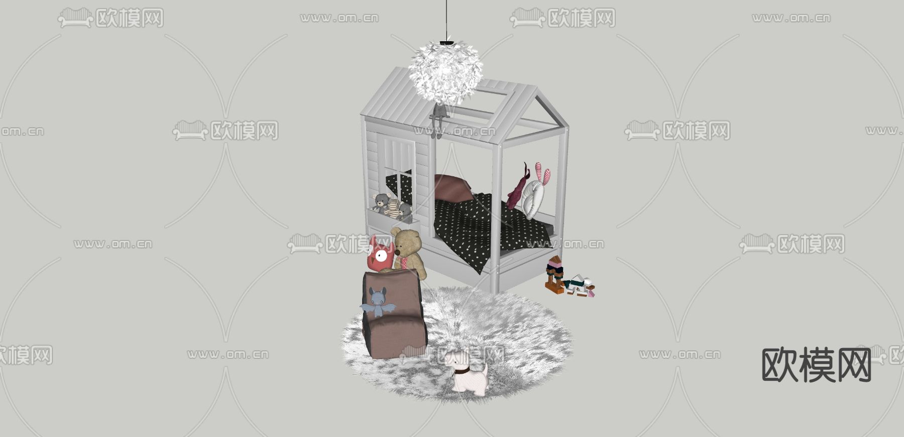 北欧儿童床 木屋床su模型