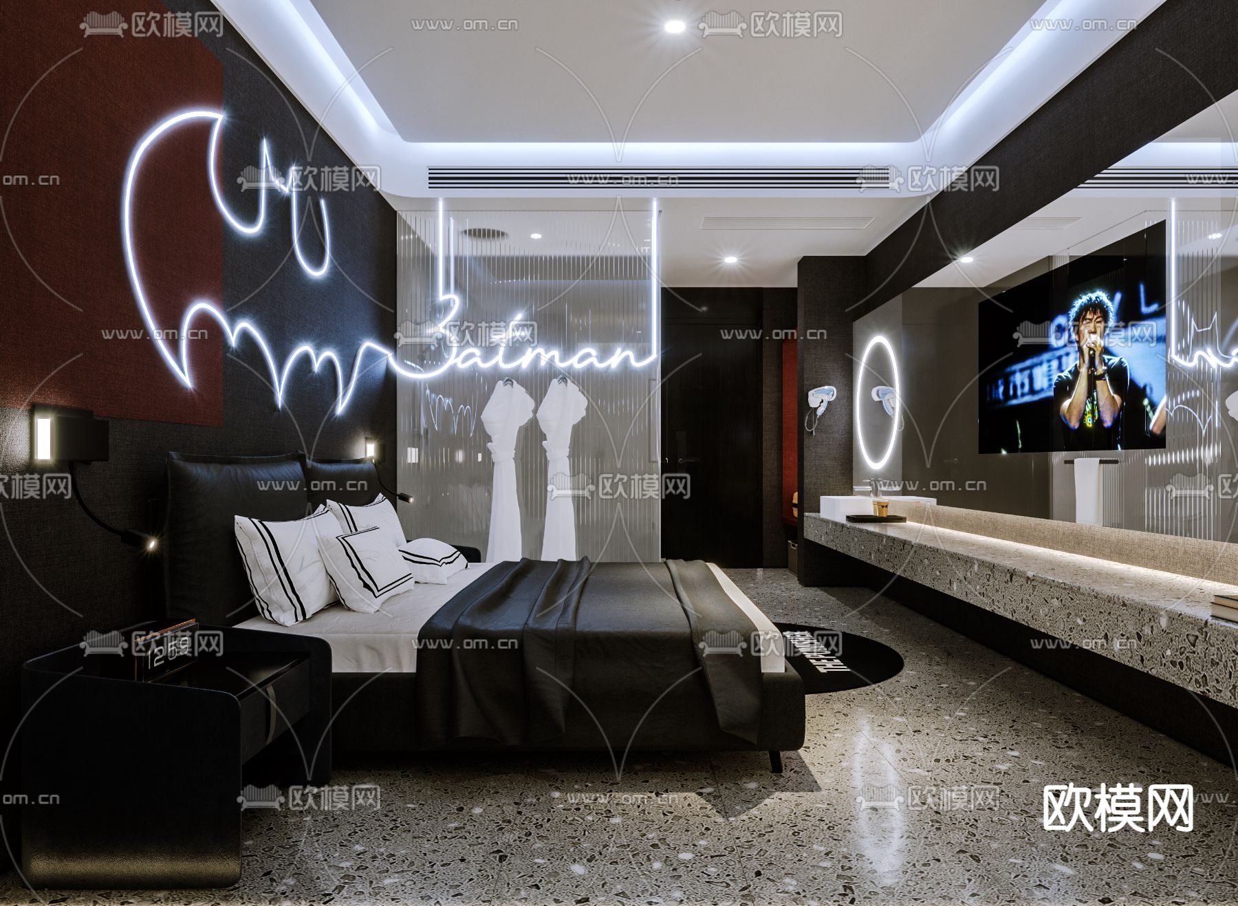 暗黑风酒店客房 电竞房3d模型下载（渲染图1）