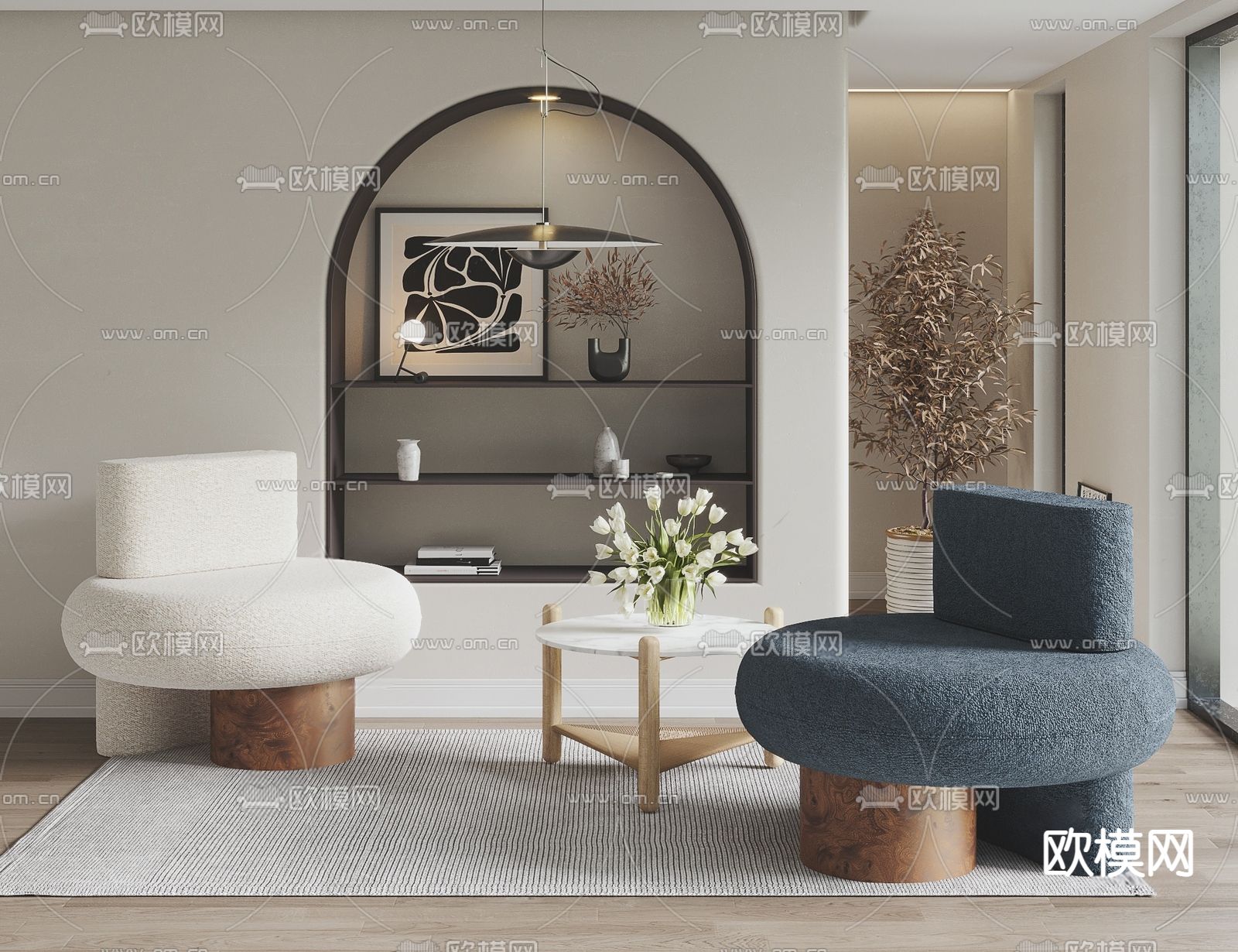 奶油风休闲沙发 羊羔沙发su模型下载（渲染图1）