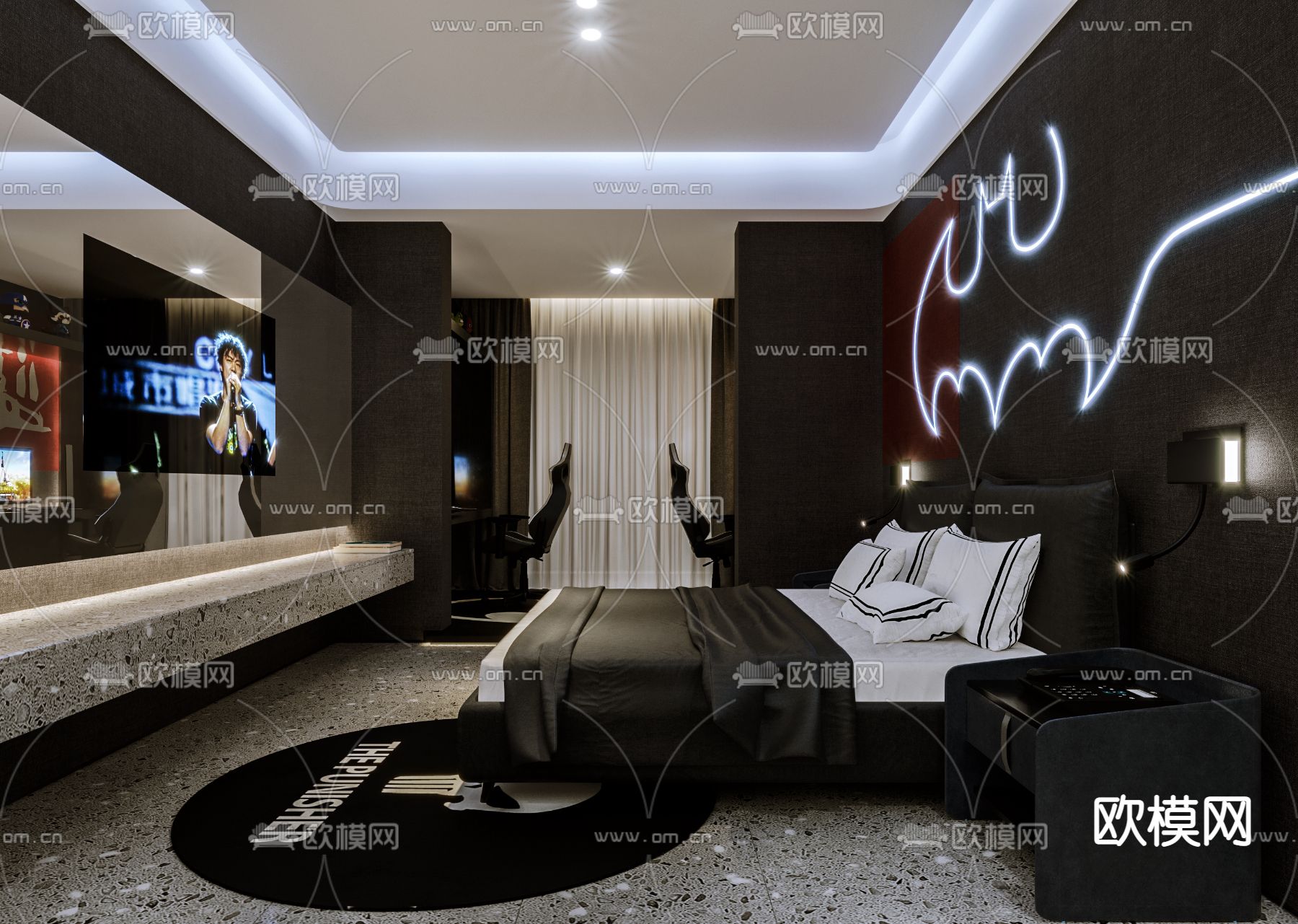 暗黑风酒店客房 电竞房3d模型下载（渲染图4）