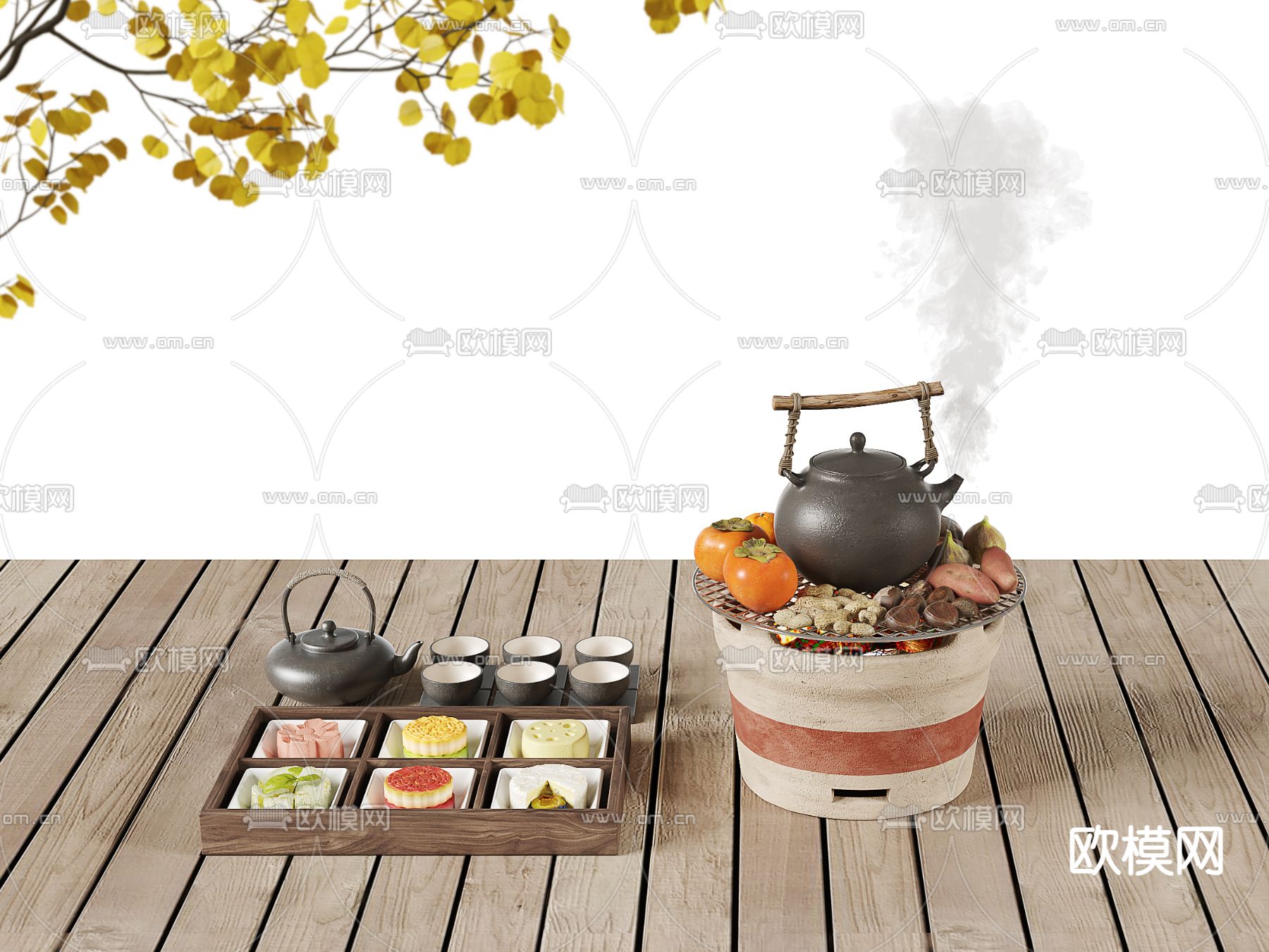 新中式茶具 围炉煮茶 糕点su模型下载（渲染图1）