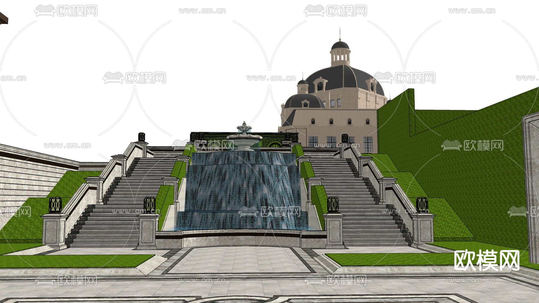 法式展示区喷泉景观su模型下载（渲染图2）