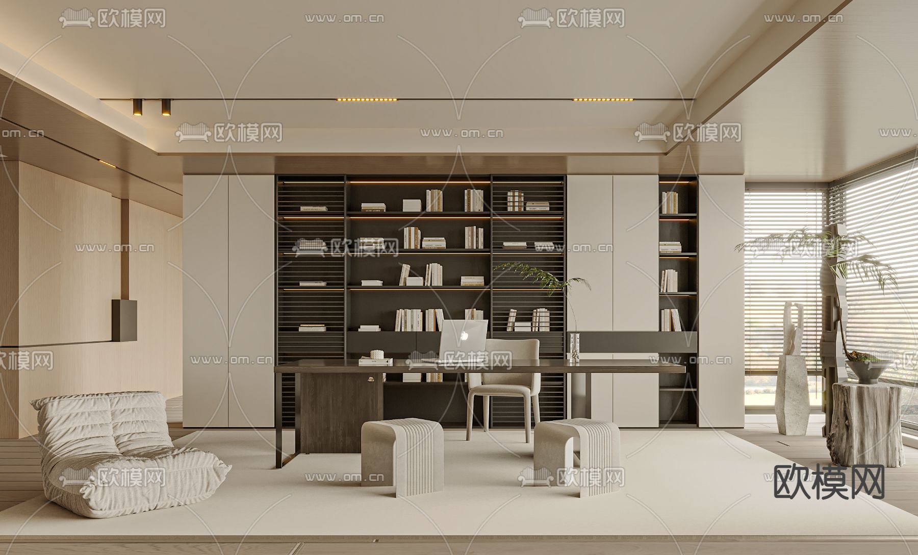 奶油风书房3d模型下载_ID10001587_3dmax免费模型-欧模网