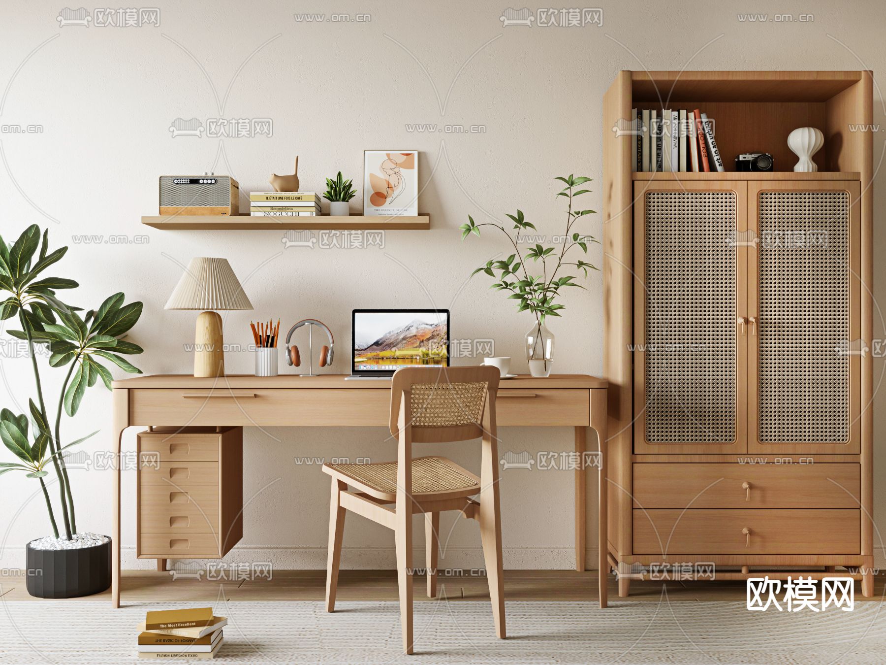 北欧书桌椅 书架3d模型下载