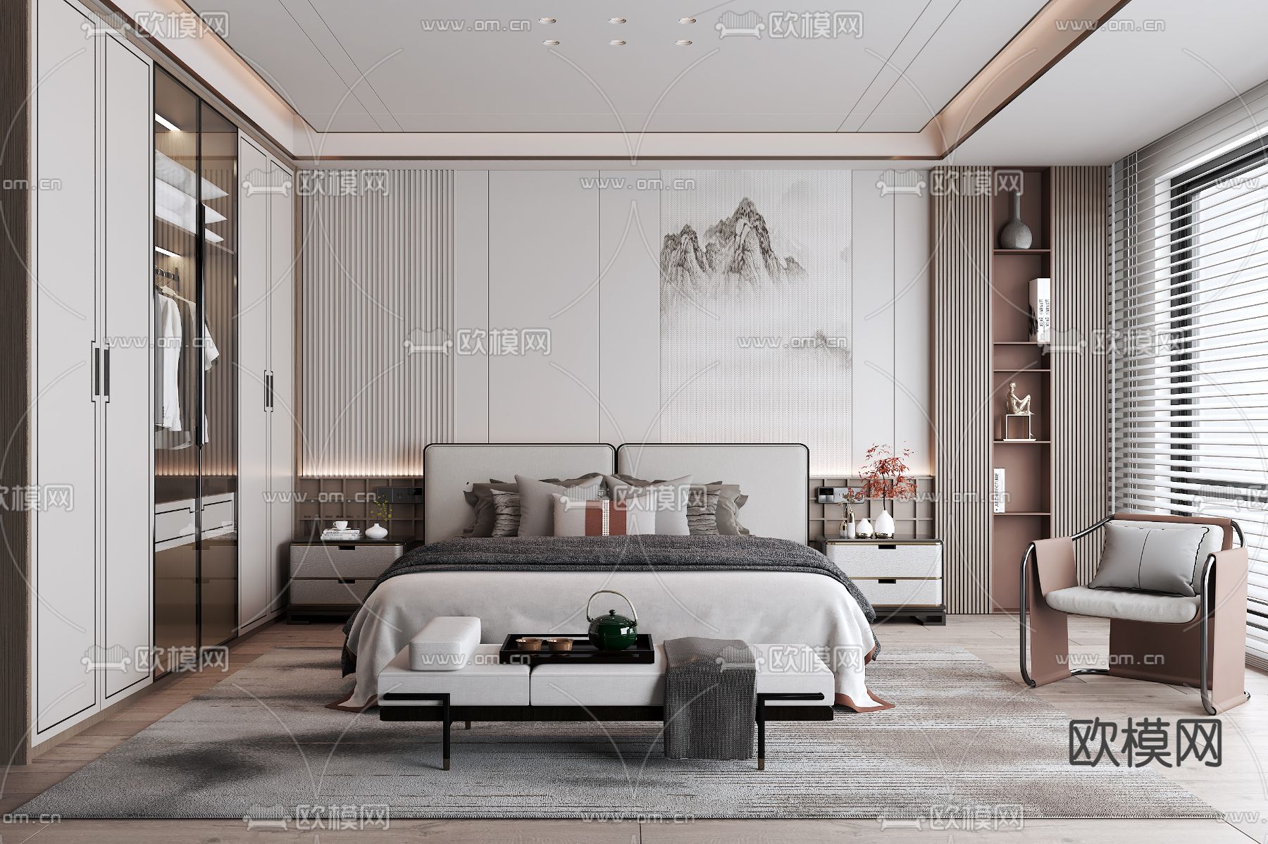 新中式卧室 主人房 主卧3d模型下载_ID12265297_3dmax免费模型-欧模网