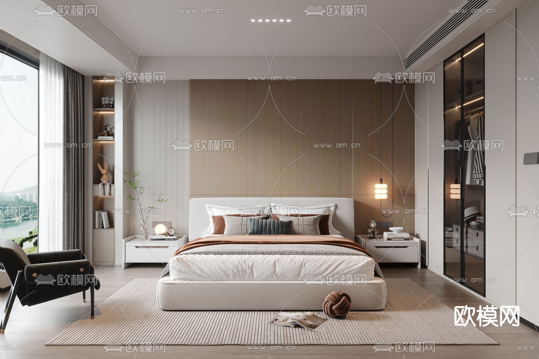 现代卧室 主人房 主卧3d模型下载（渲染图1）