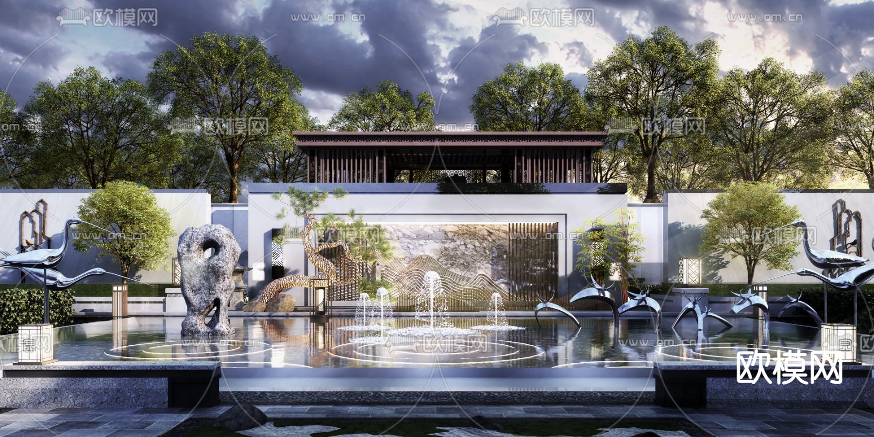 新中式园林水景墙3d模型下载