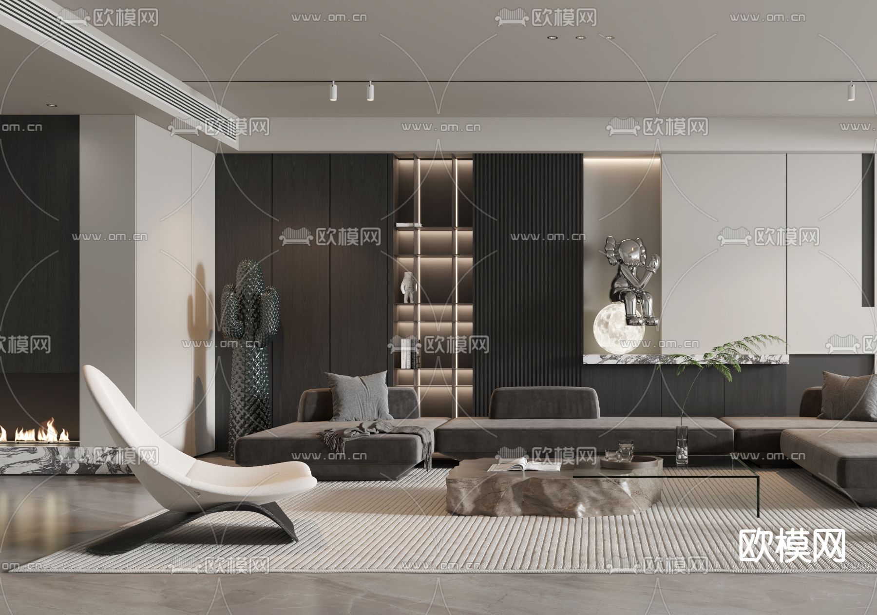 高级灰客厅3d模型下载（渲染图2）