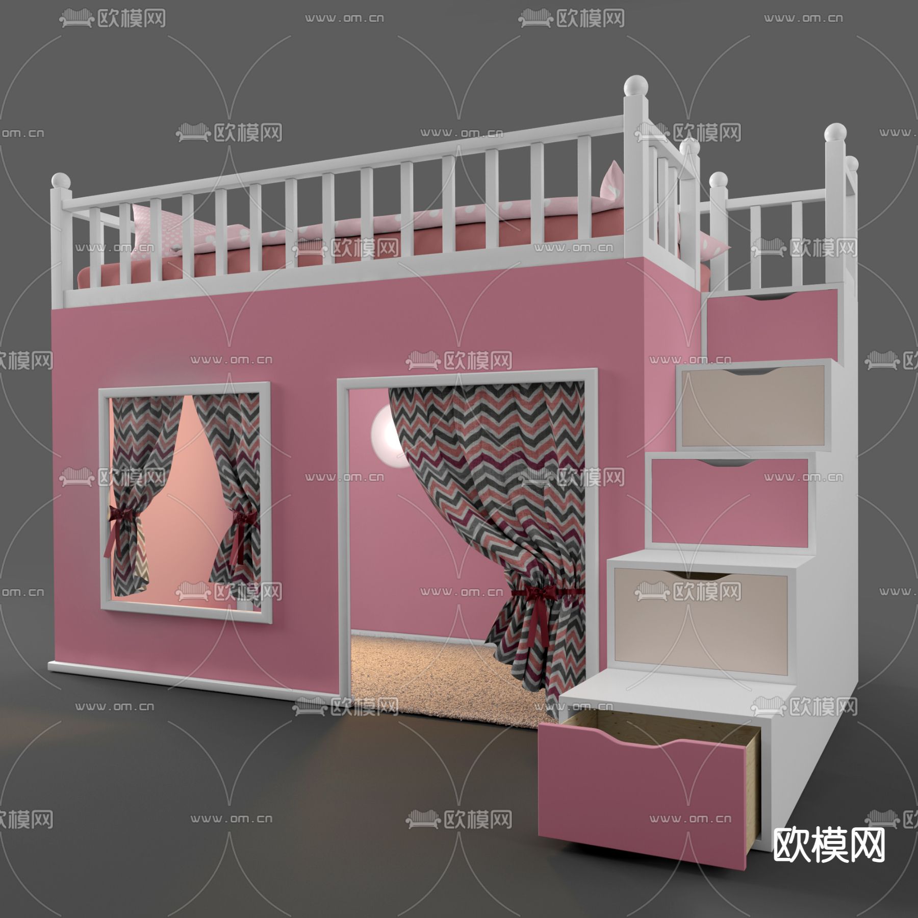 现代简约实木双层儿童床免费3d模型下载