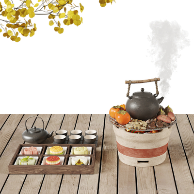  新中式茶具 围炉煮茶 糕点su模型 