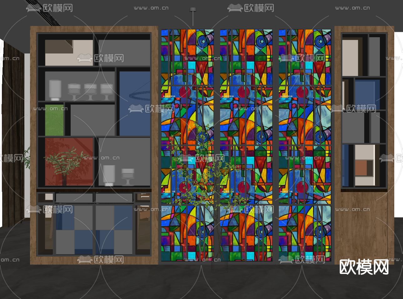欧式彩色玻璃装饰柜 隔断su模型下载（渲染图2）