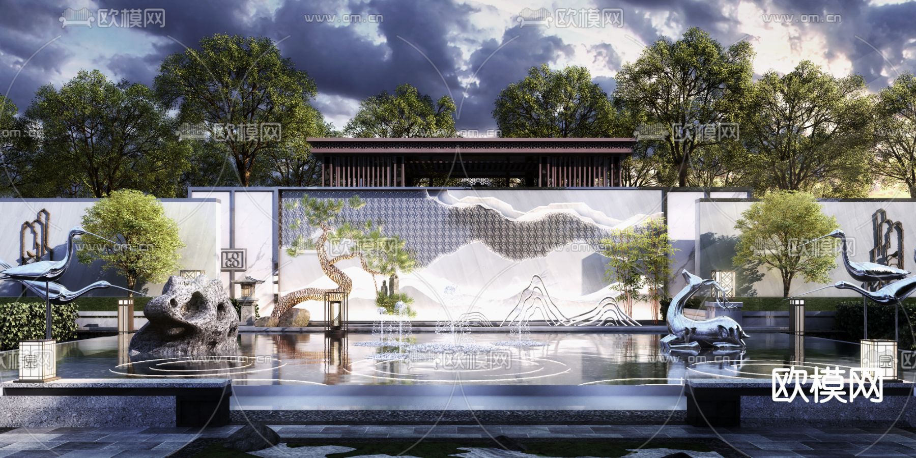 新中式园林水景墙3d模型下载