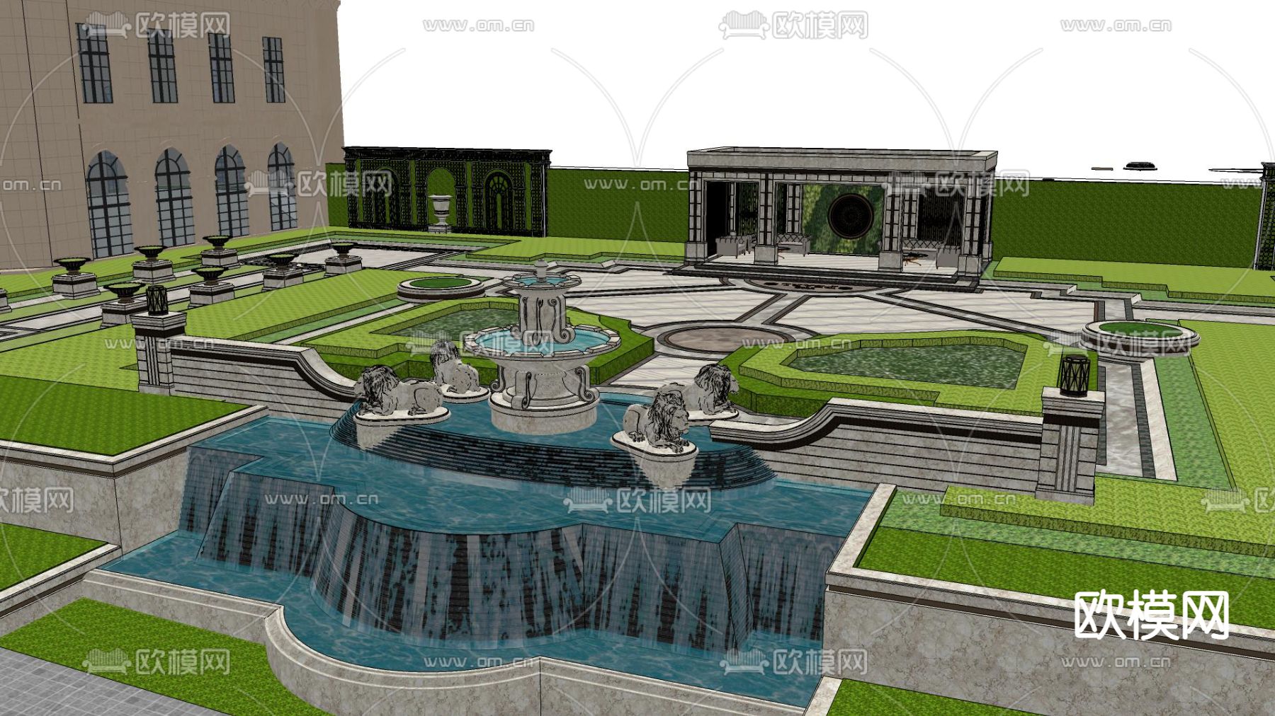 法式展示区喷泉景观su模型下载（渲染图1）