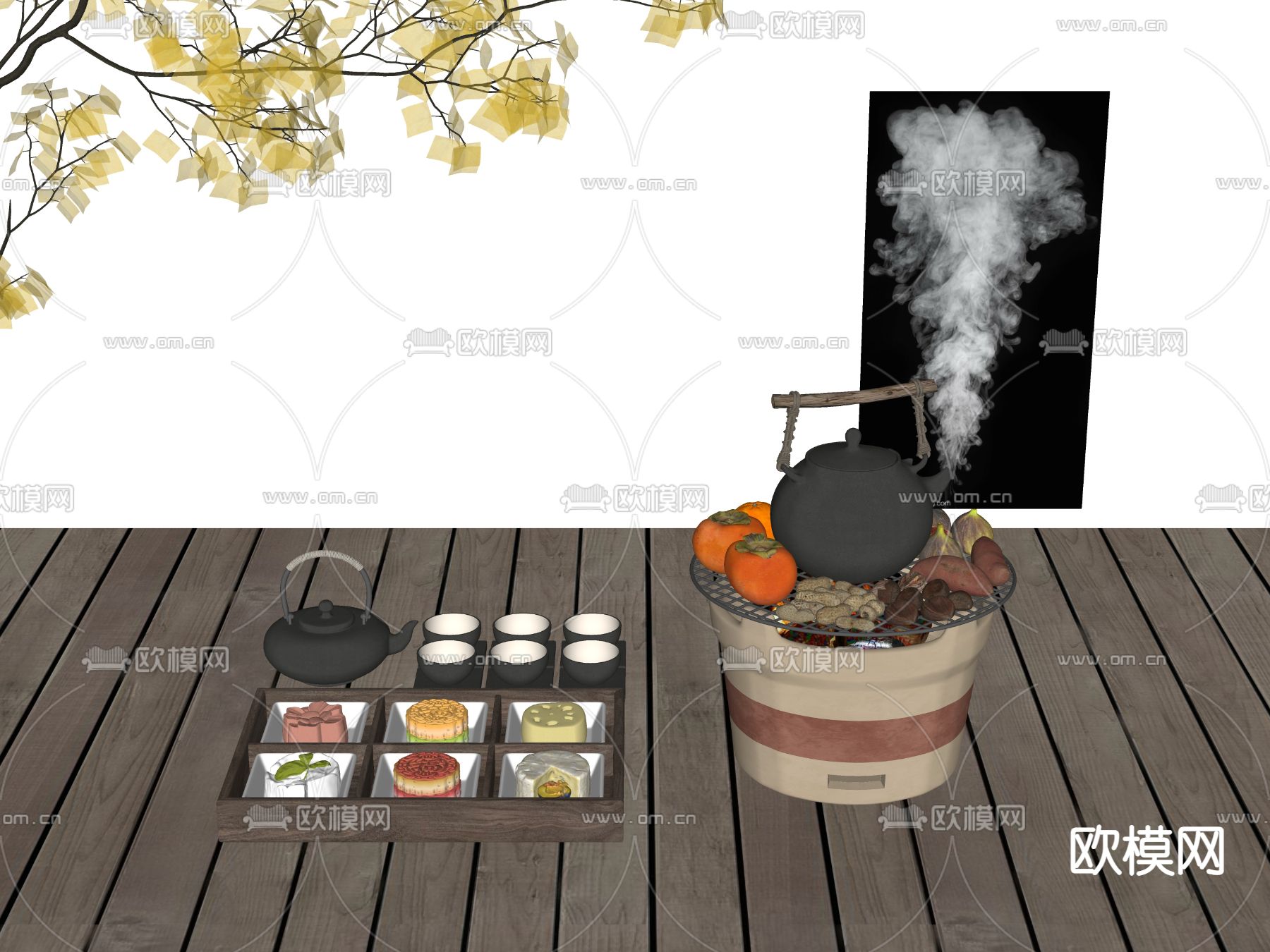 新中式茶具 围炉煮茶 糕点su模型下载（渲染图2）